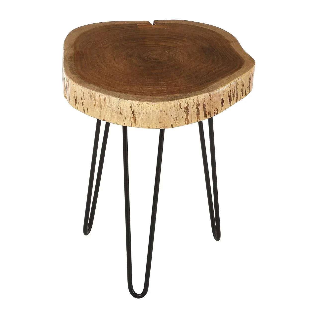 Round wood side table with natural live edge and black metal hairpin legs