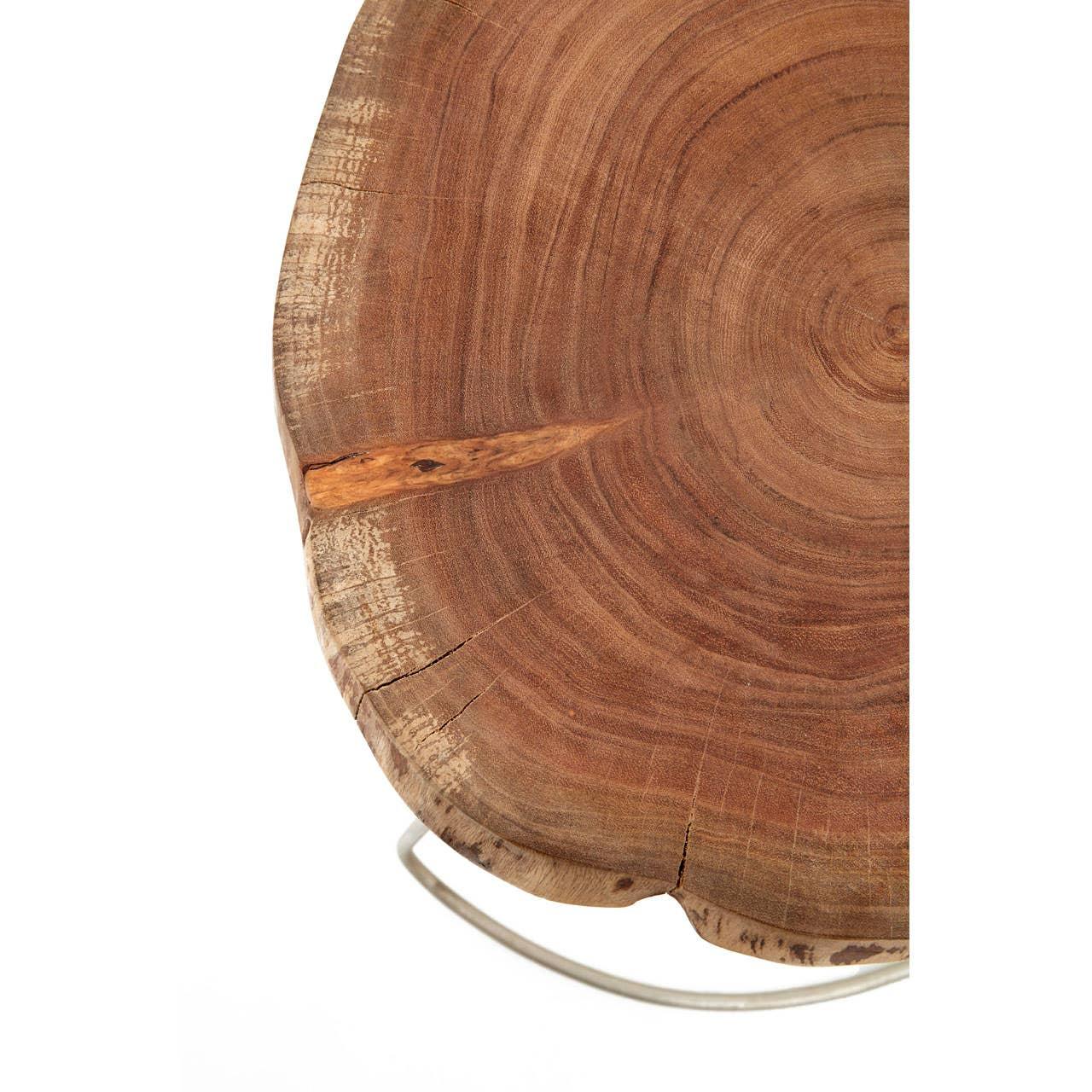 Round wooden coffee table top with natural grain and visible cracks on metal legs
