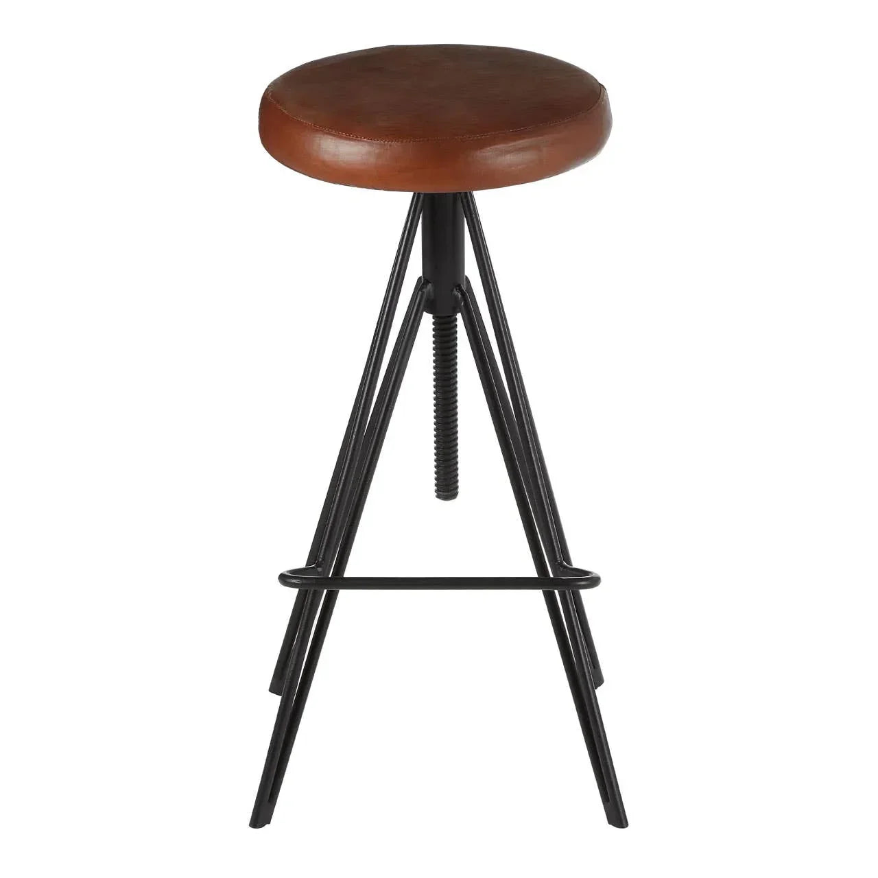 Brown leather bar stool with round seat and black metal legs on white background