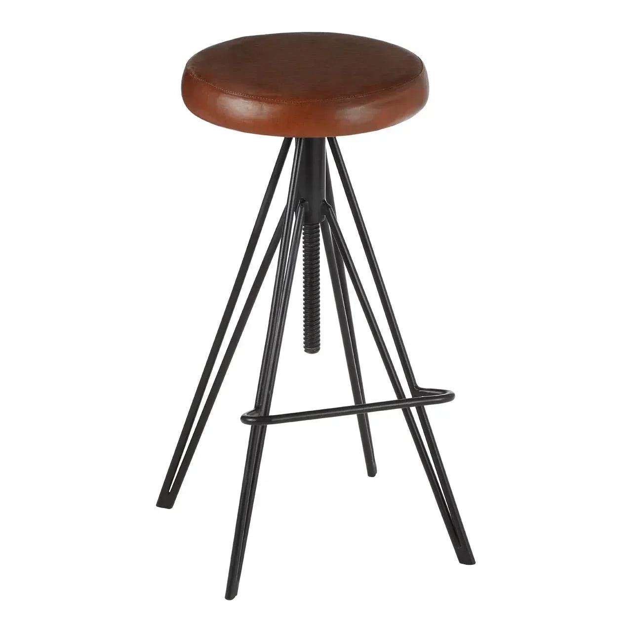 Brown leather bar stool with round seat and black metal tripod base