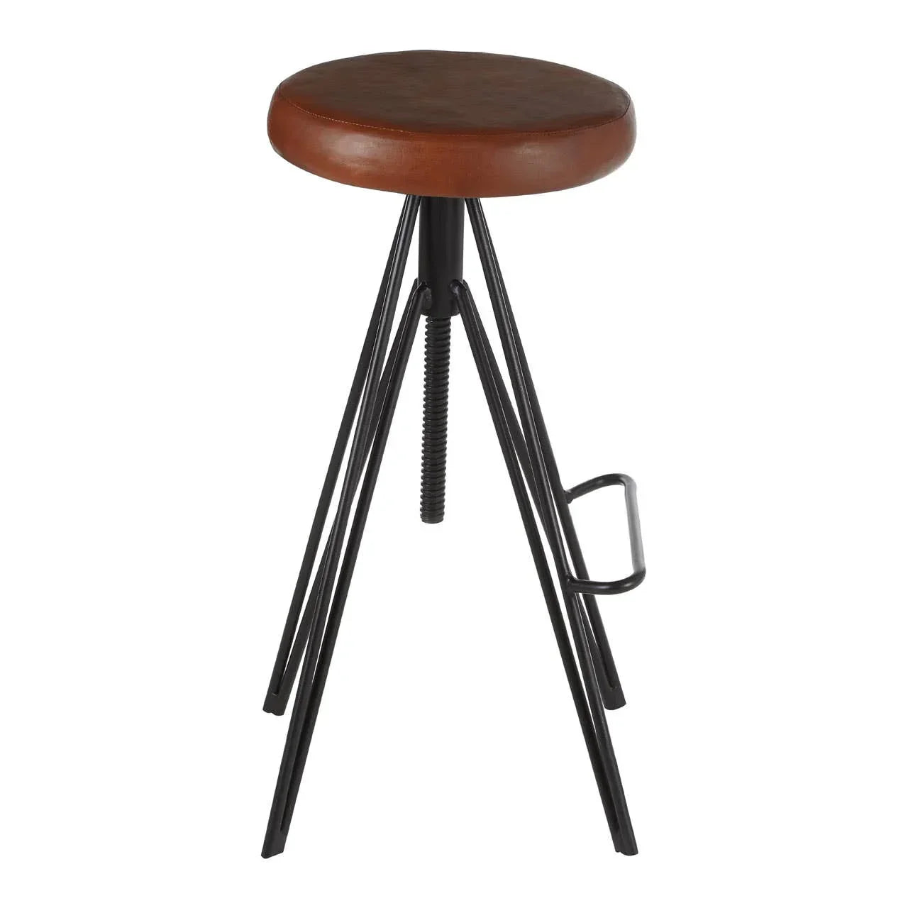 Industrial bar stool with brown round seat and black metal legs
