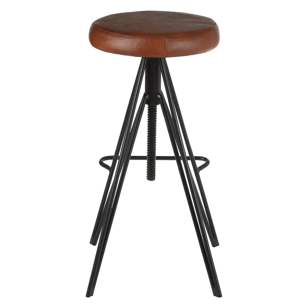 Brown leather bar stool with round seat and black metal legs, front angle view