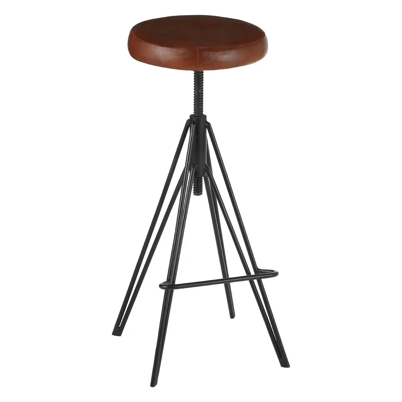 Industrial bar stool with brown round leather seat and black metal tripod frame