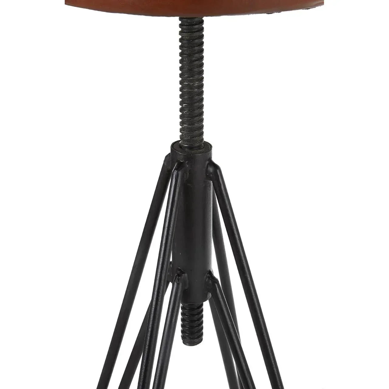 Industrial stool metal base with adjustable screw and brown seat edge detail