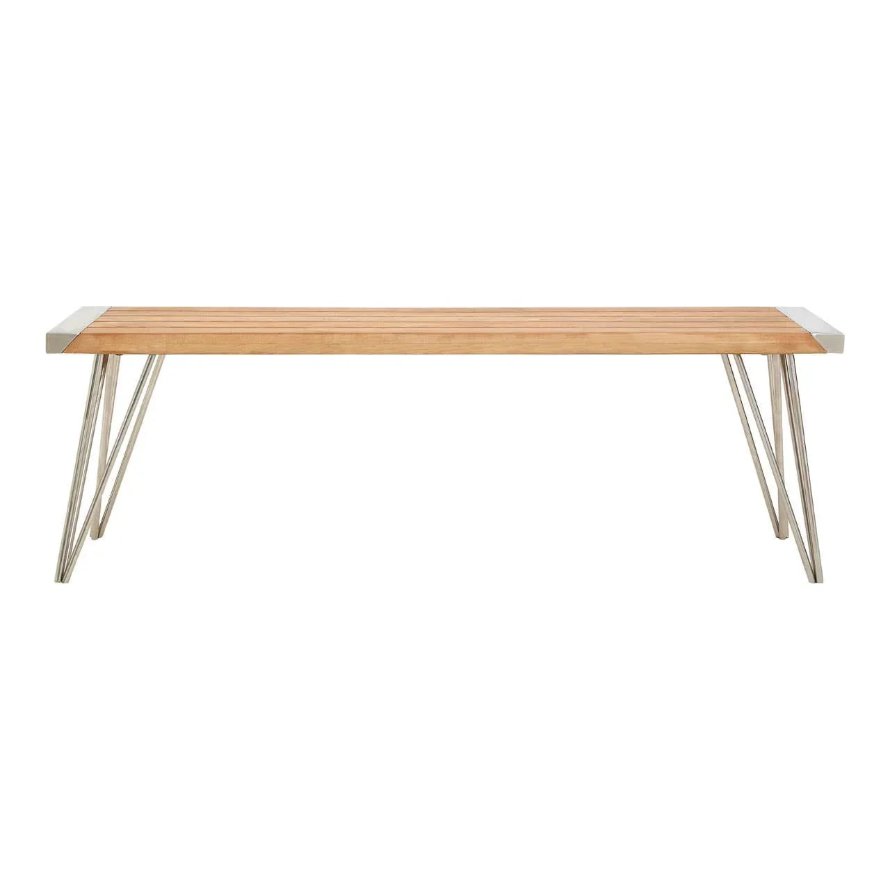 Wooden bench with metal legs and light wood slatted seat, modern minimalist style