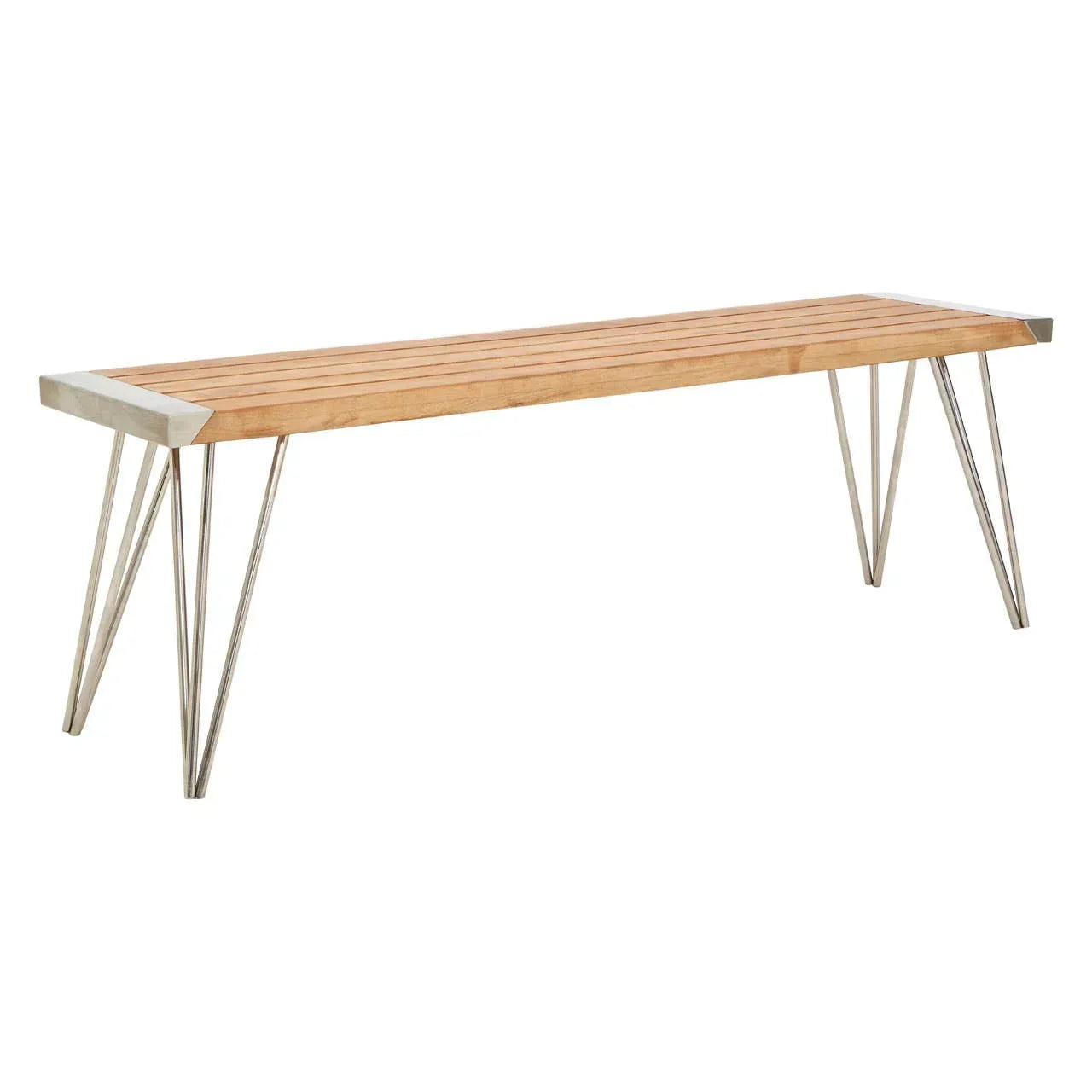 Wooden dining bench with stainless steel hairpin legs and slatted seat, angled side view