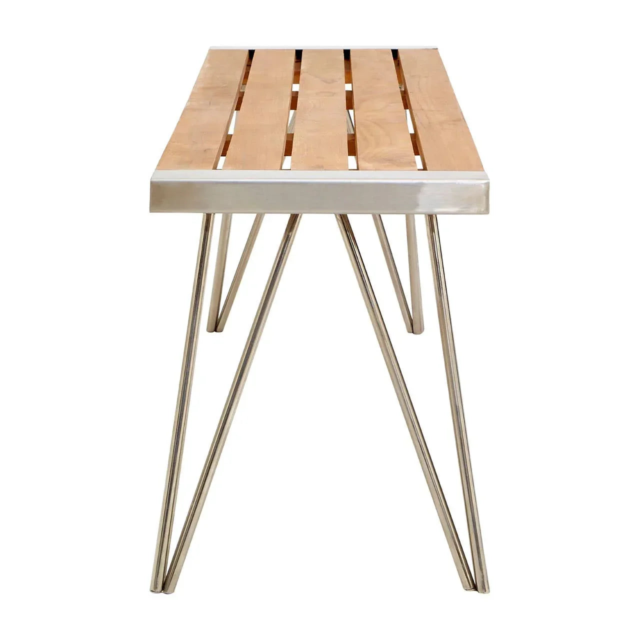 Wooden slatted bench with metal hairpin legs, front view