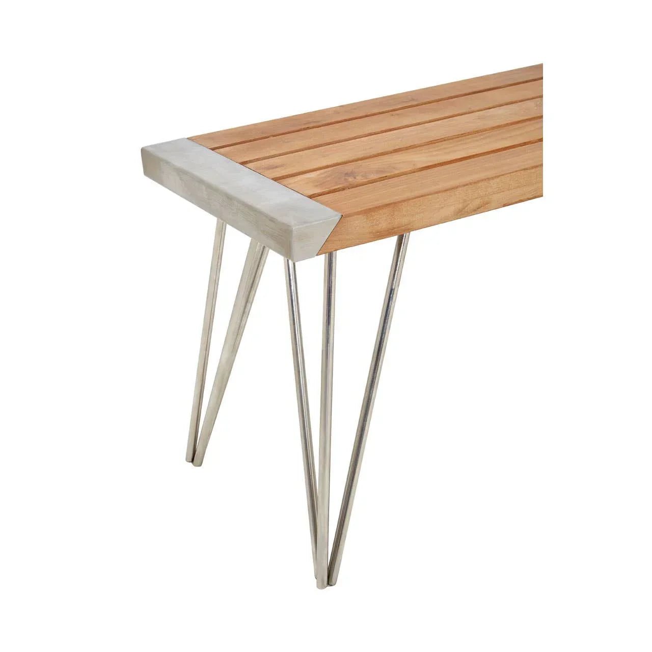 Wooden bench seat with metal corner accent and angled metal legs