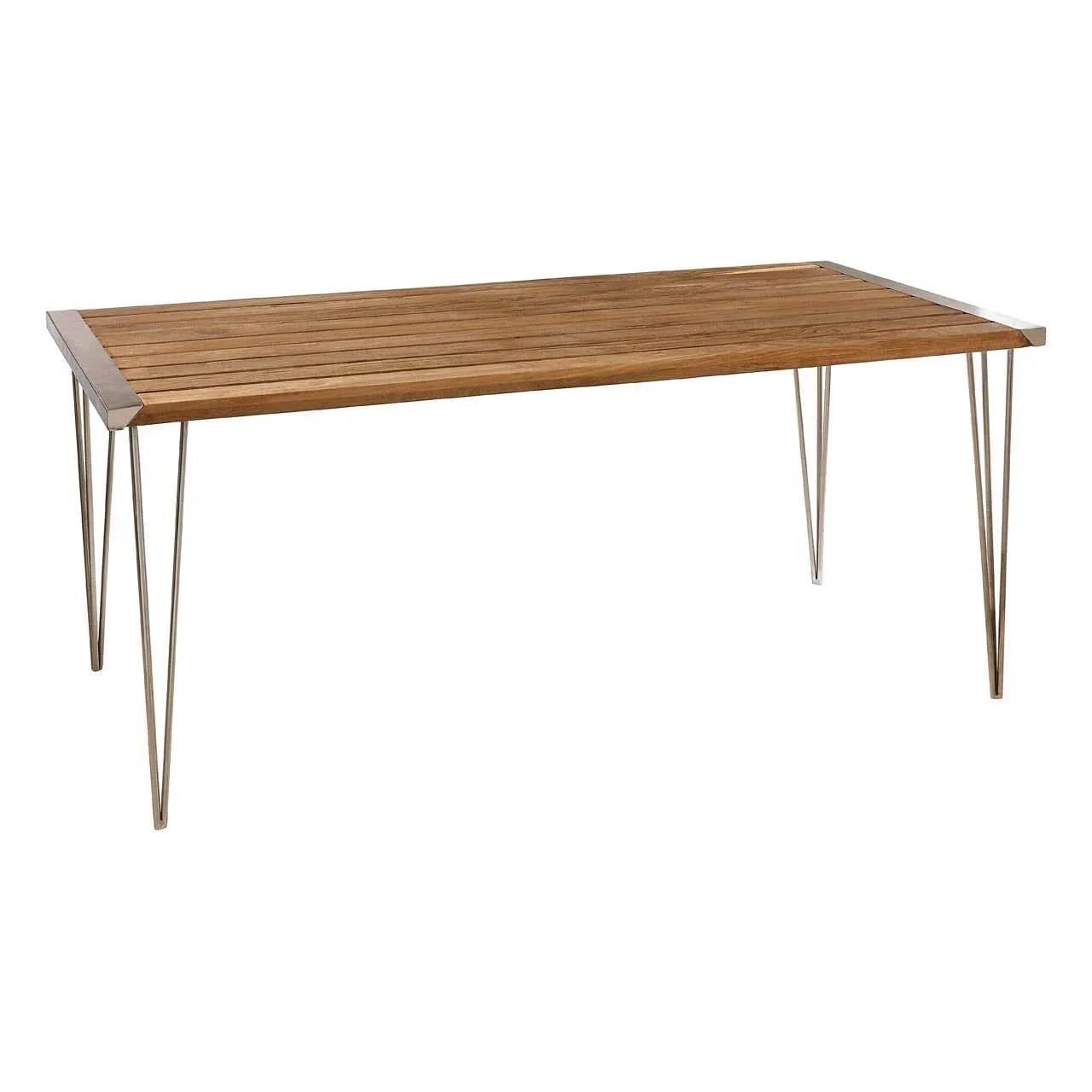 Rectangular wooden dining table with slatted top and metal hairpin legs