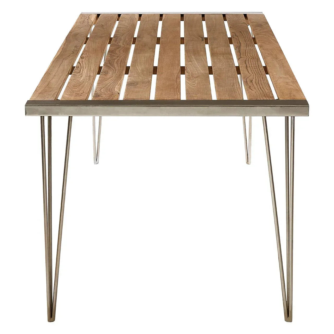 Rectangular slatted wood dining table with metal legs, front angle view