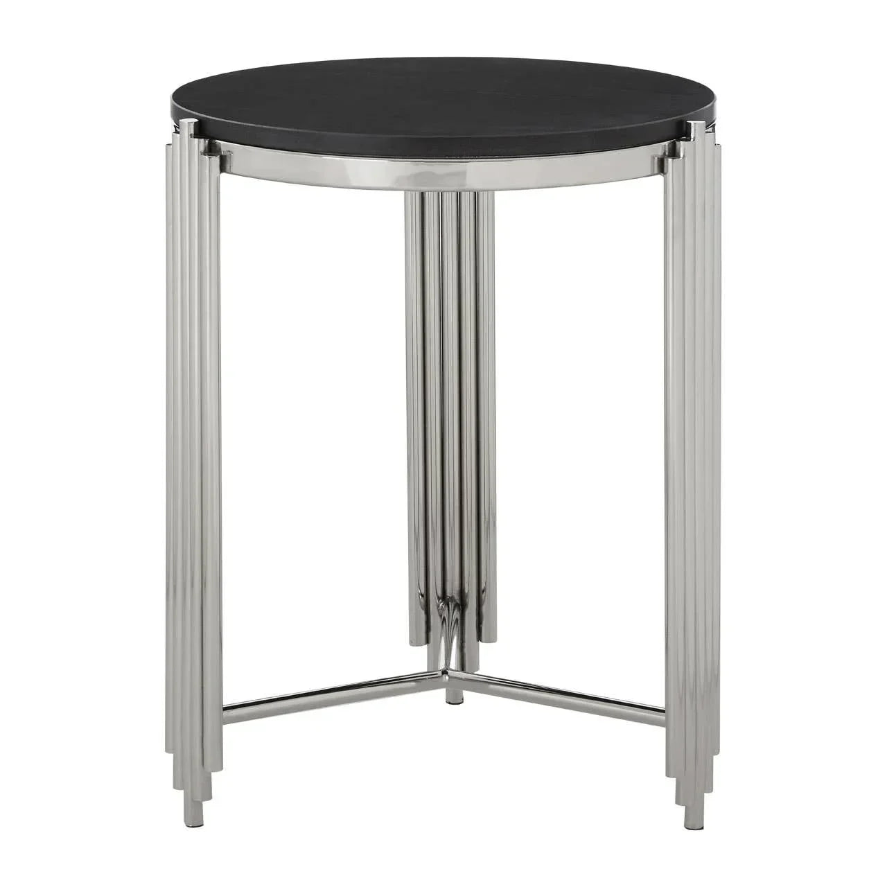 Round black side table with polished chrome legs and modern fluted detail