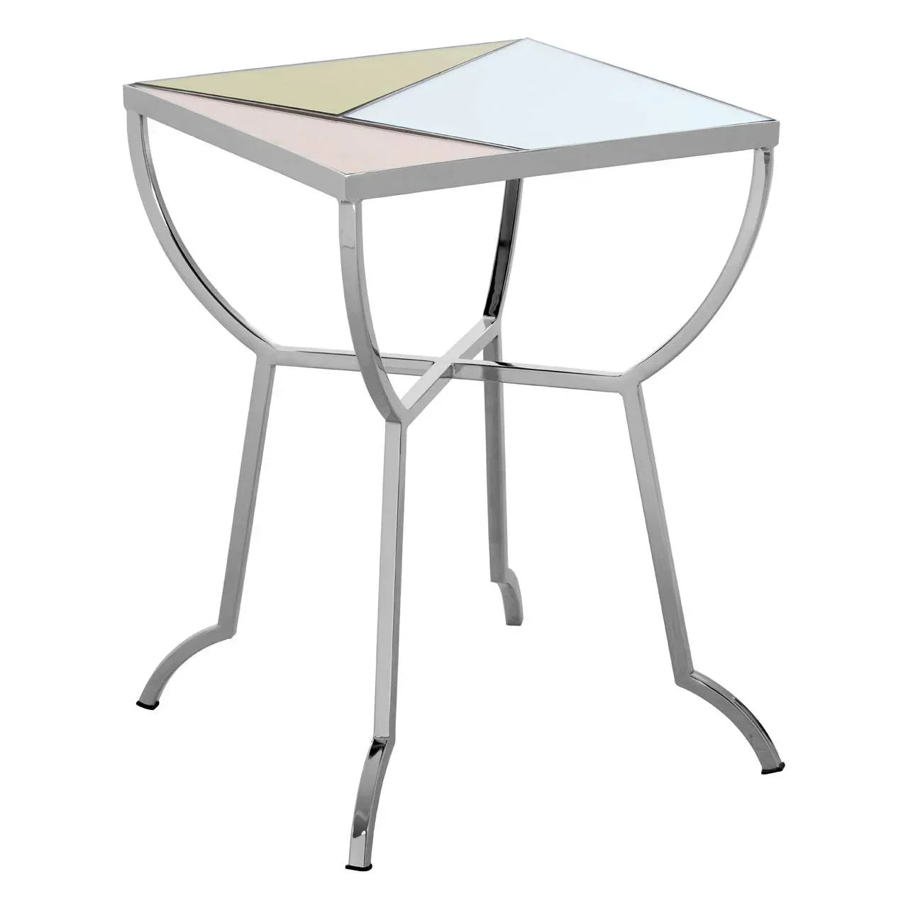 Modern side table with chrome legs and geometric multicoloured glass top