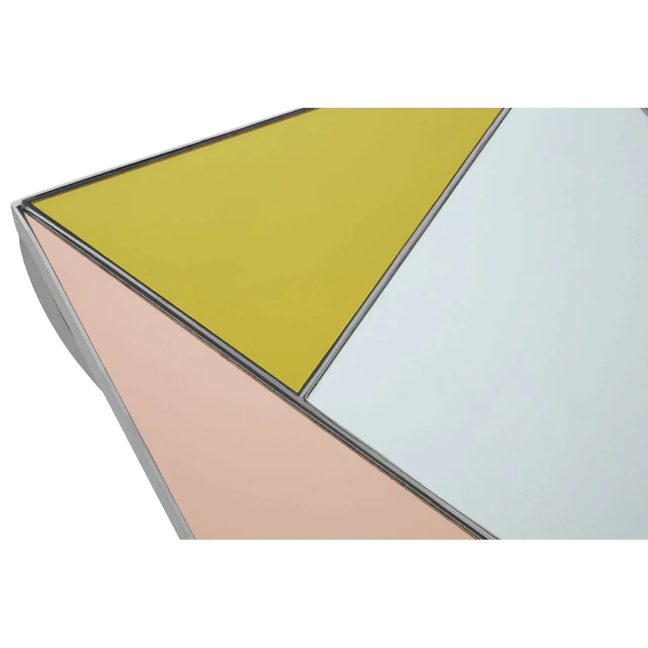 Geometric glass coffee table top with yellow, peach, and white panels in close-up view
