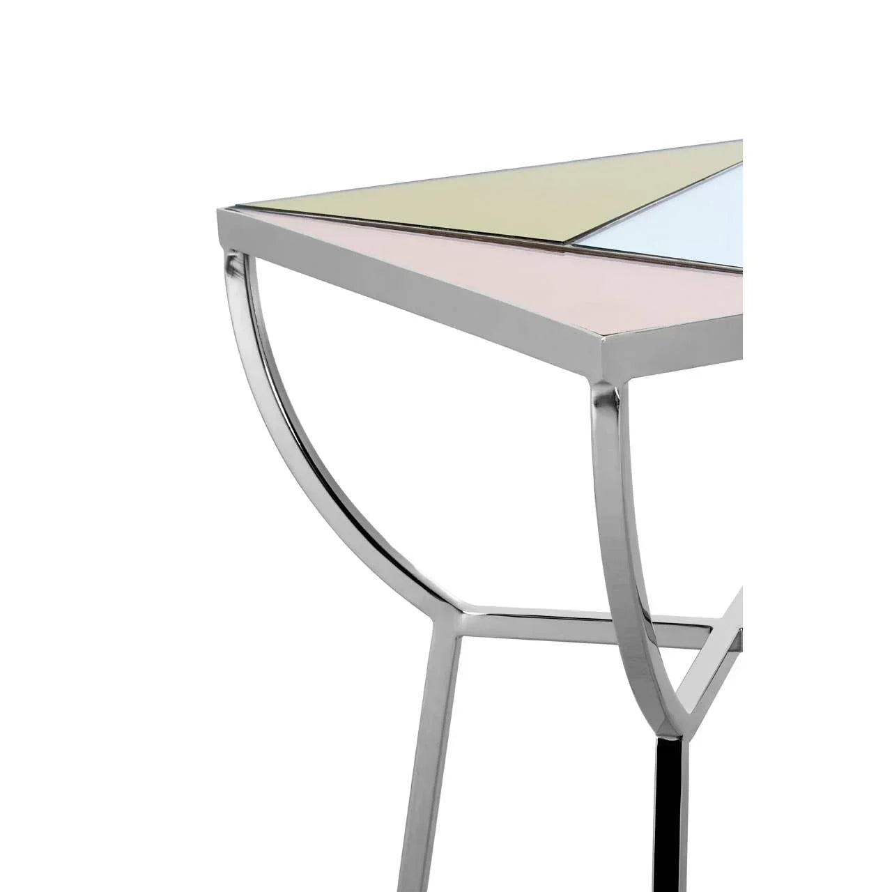 Corner of modern side table with silver metal legs and colored glass top panels