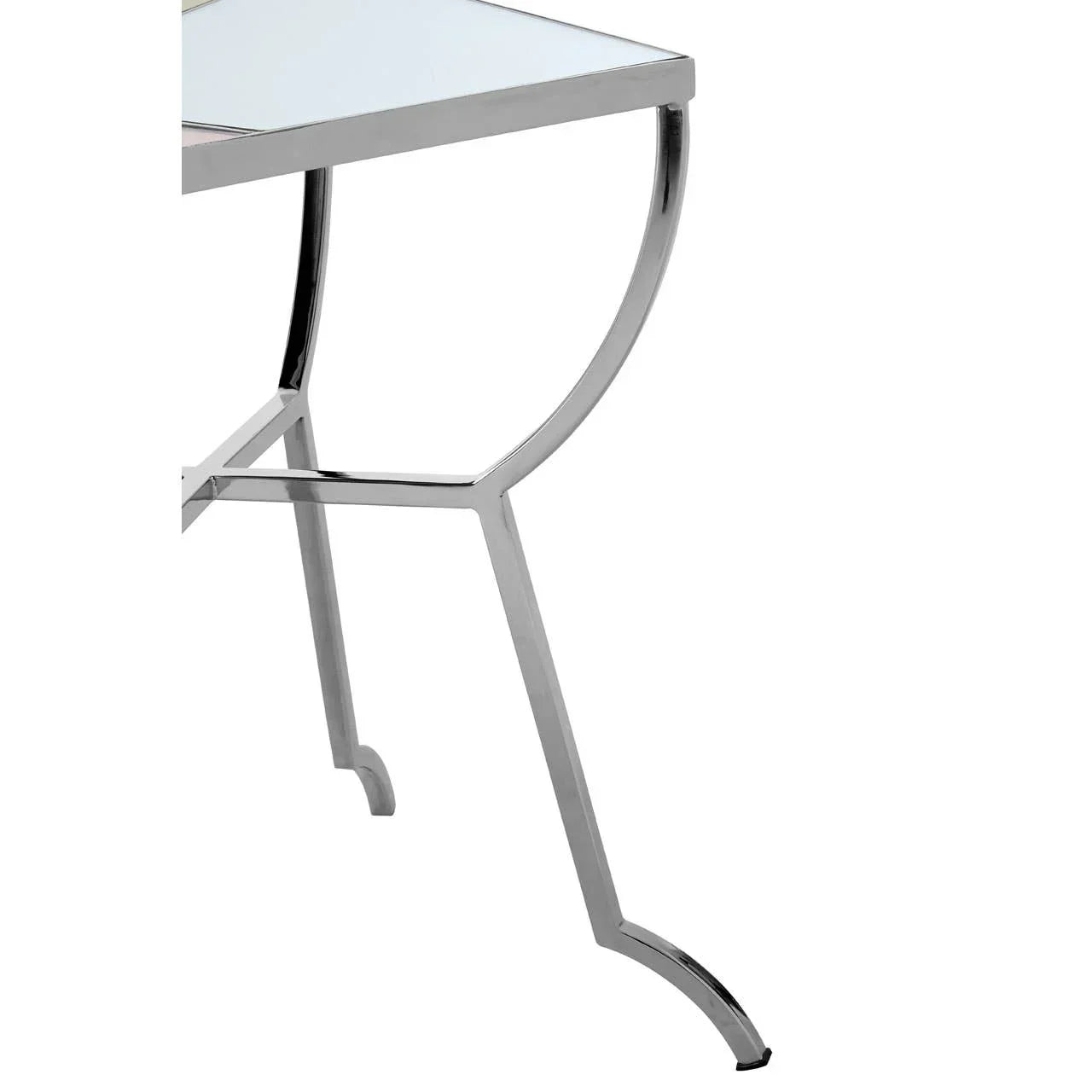 Chrome metal table leg with curved design and glass tabletop corner