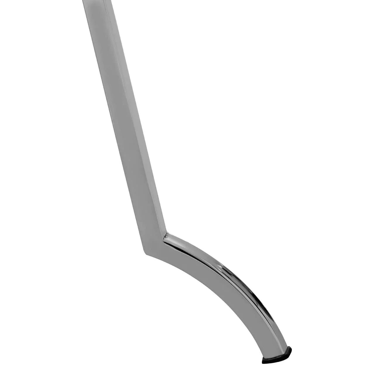 Modern chrome furniture leg with curved design and black floor protector