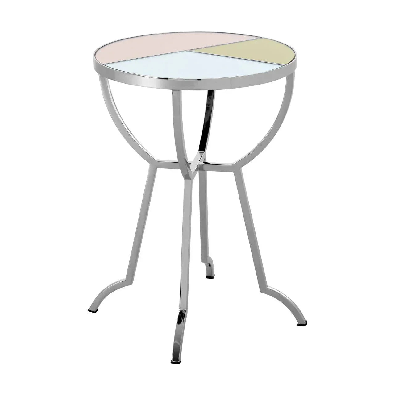 Round side table with multicolour glass top and chrome metal frame