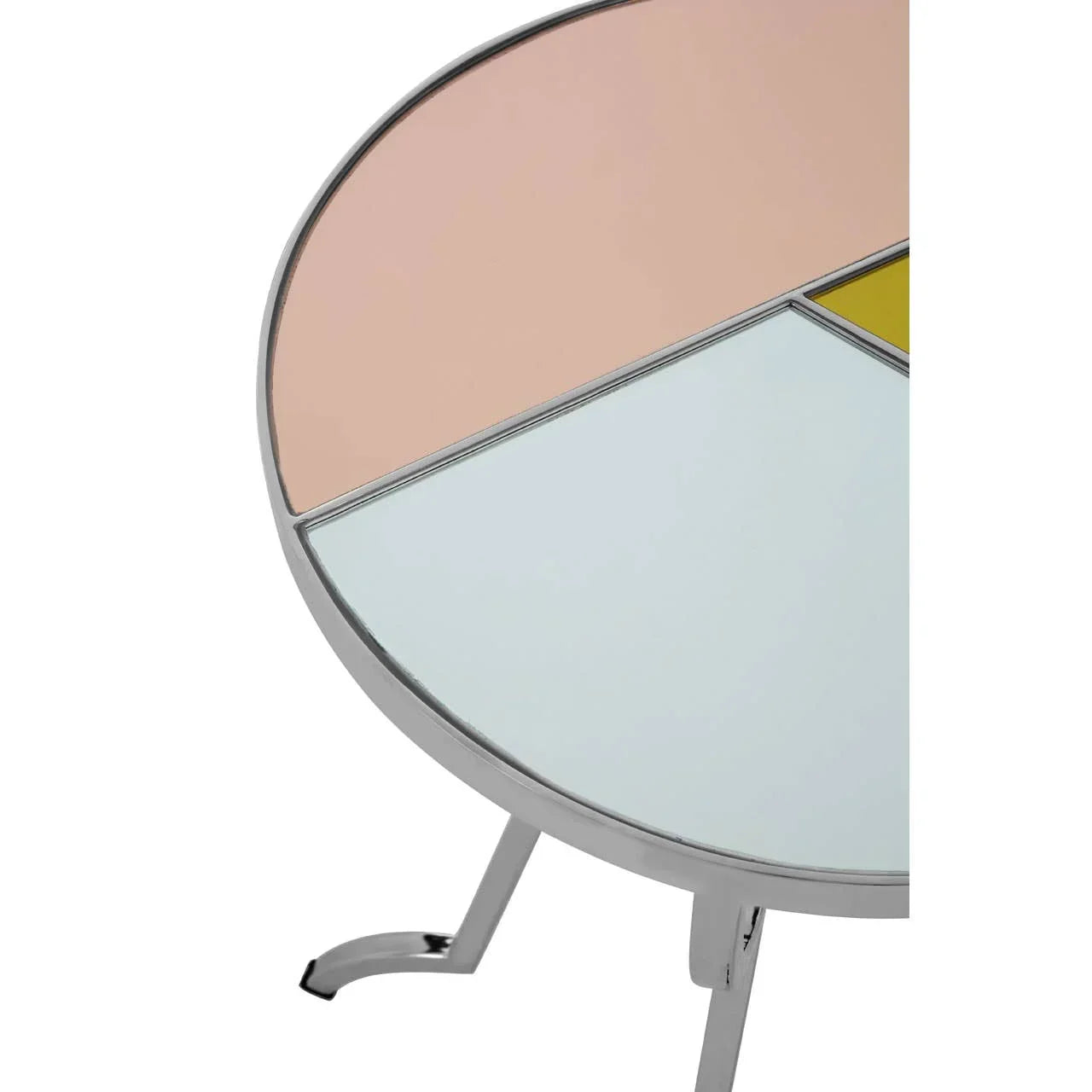 Round side table with chrome legs and geometric glass top in pink, white, and yellow sections