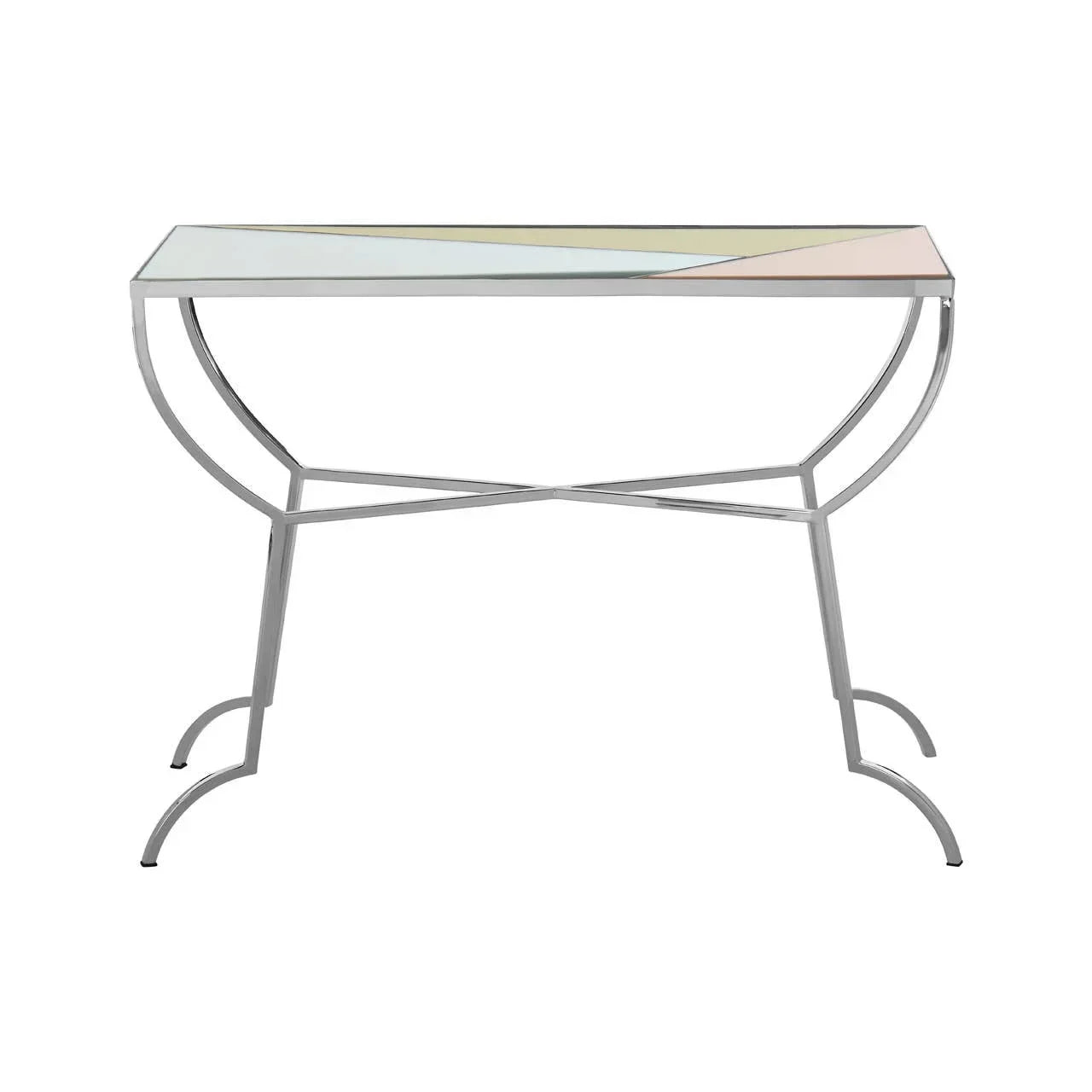 Modern glass console table with geometric pastel top and chrome metal frame
