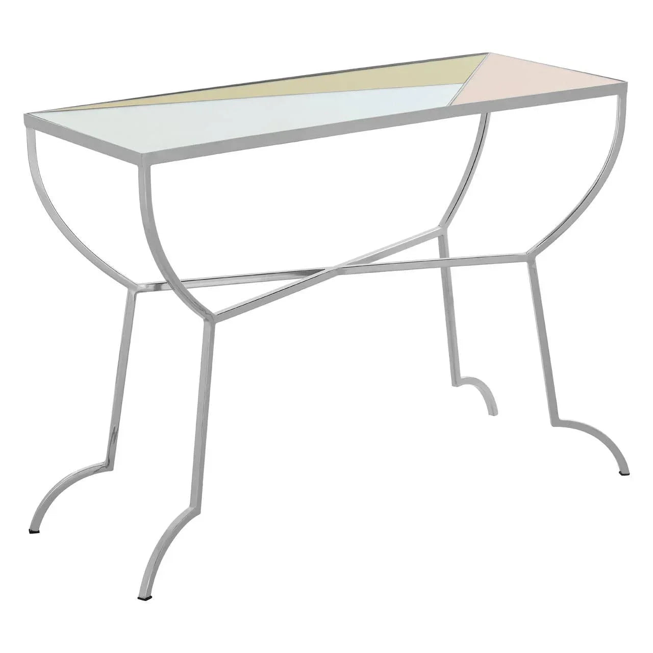 Modern console table with glass top and silver metal frame, geometric base design