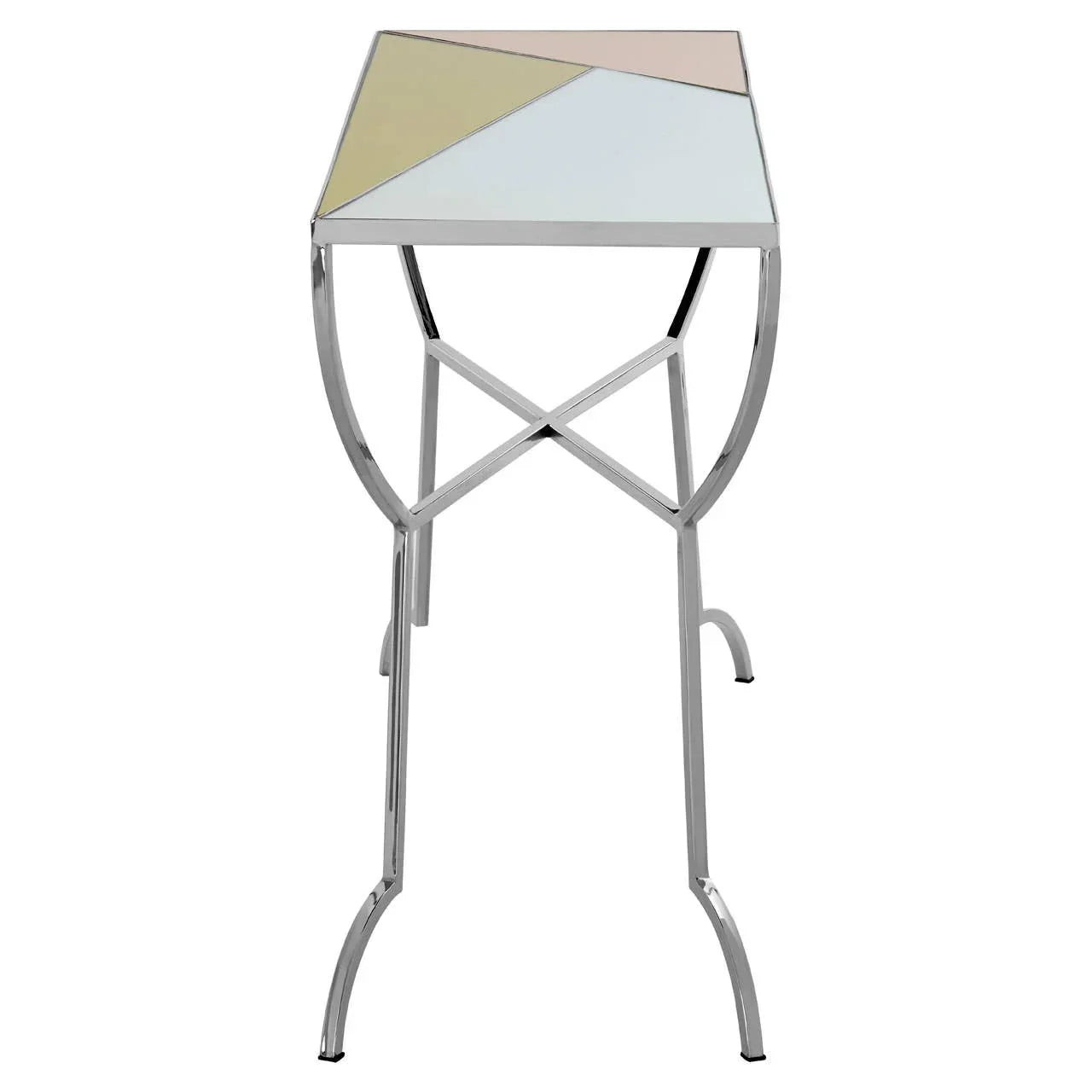 Metal side table with pastel geometric glass top and chrome legs, front angle view