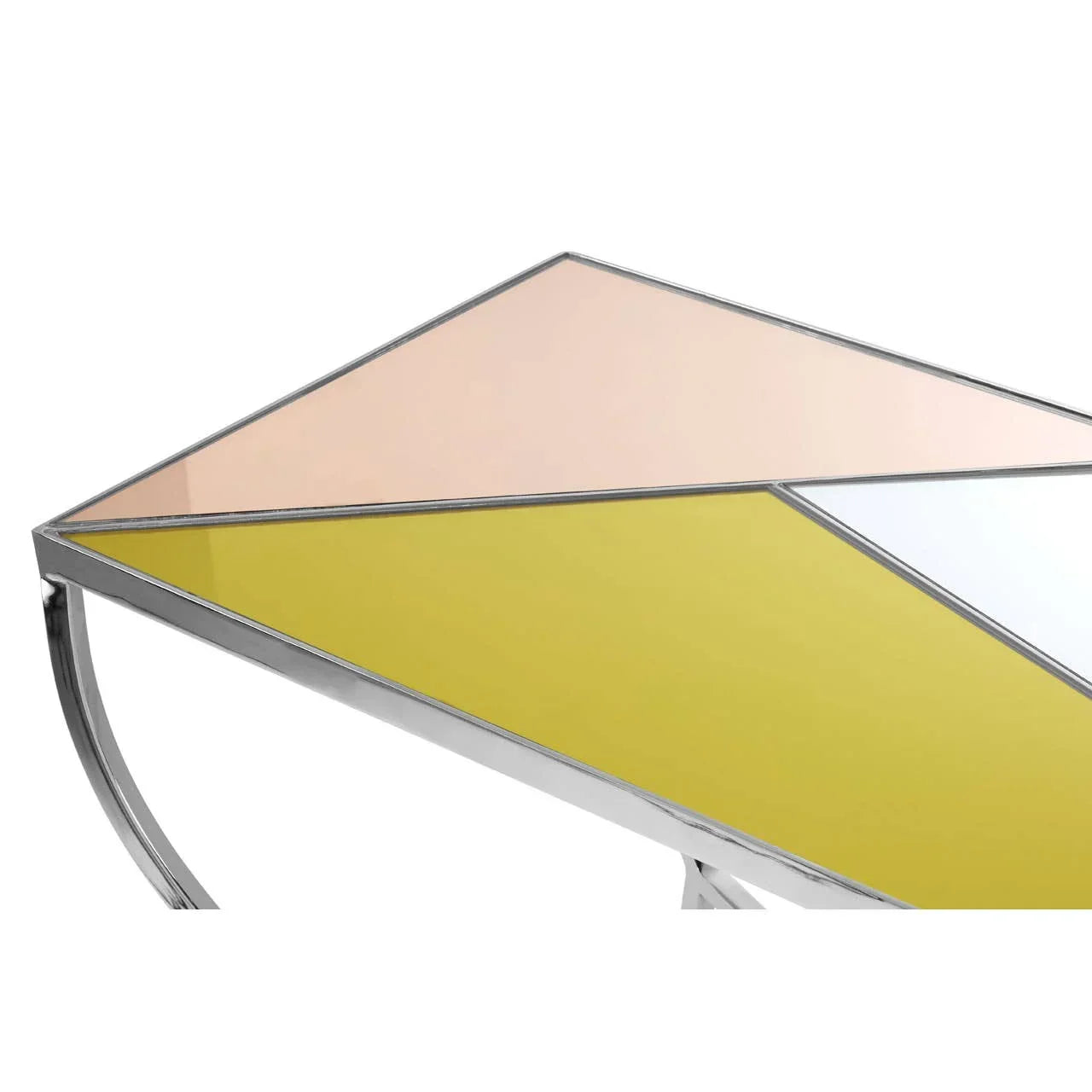 Glass coffee table with yellow, blush, and white geometric panels and chrome frame corner view