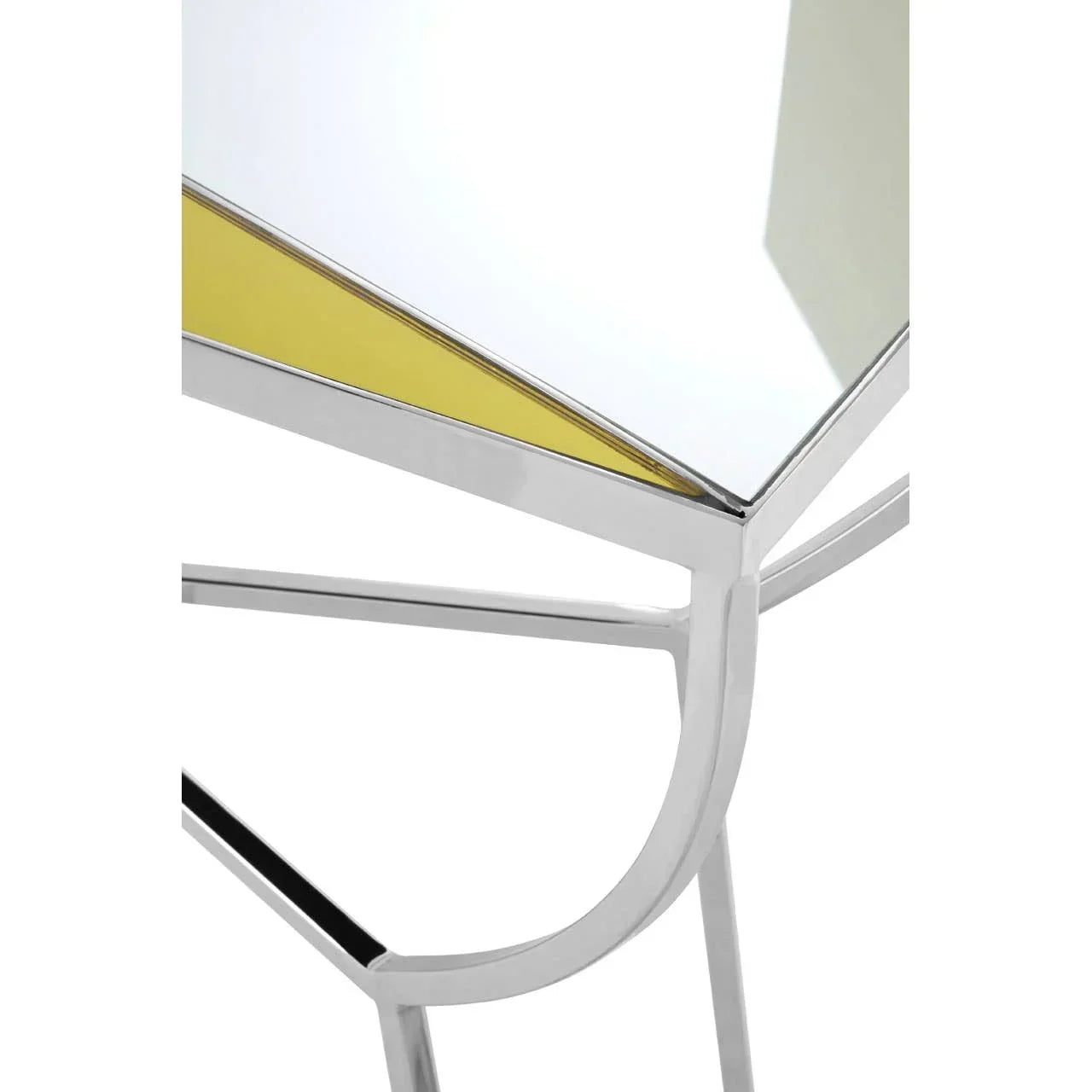 Close-up of glass side table with chrome frame and yellow accent panel