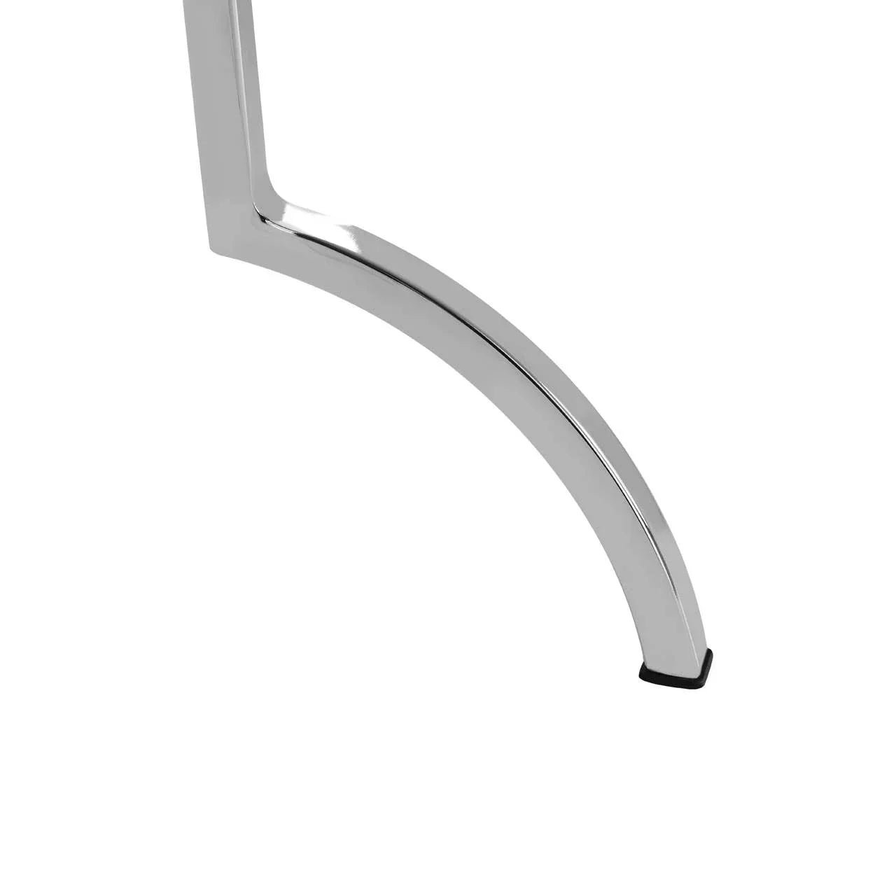 Curved metal furniture leg with chrome finish and black floor protector close-up