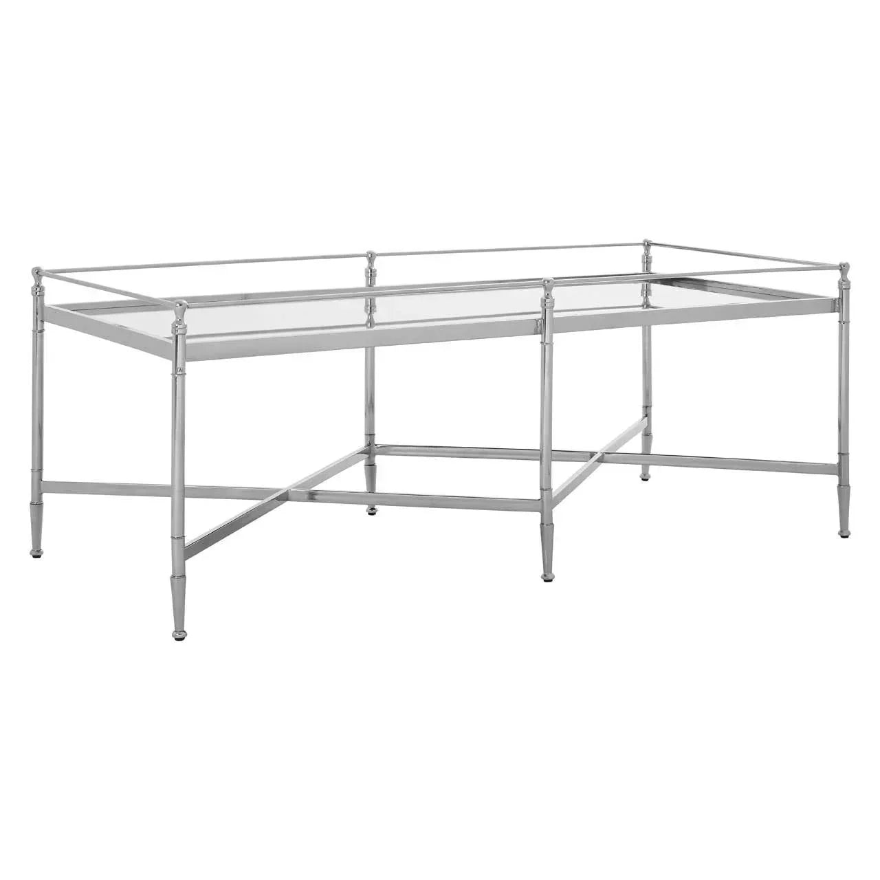 Rectangular glass coffee table with chrome metal frame and open base