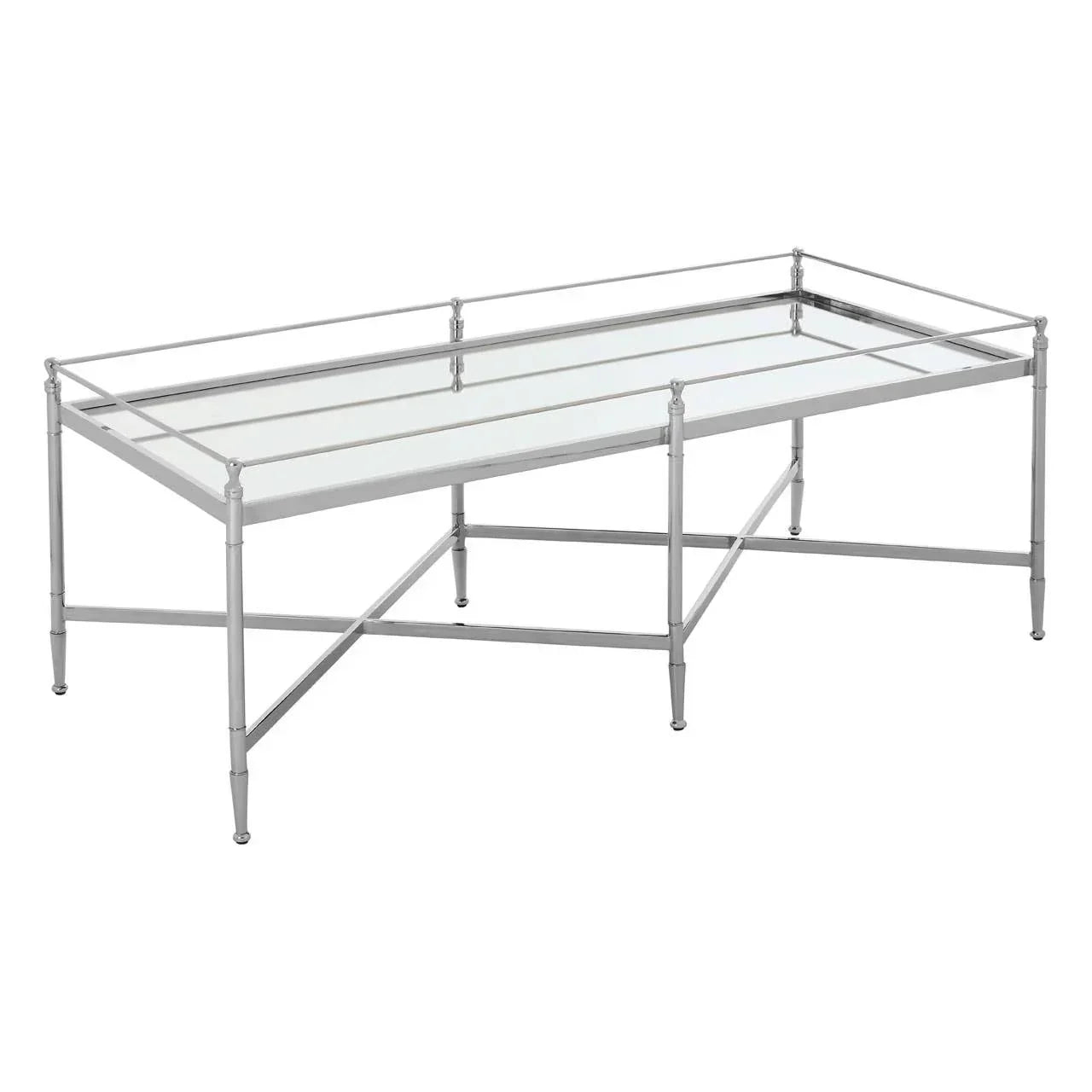 Rectangular glass coffee table with chrome metal frame and crossbar detail