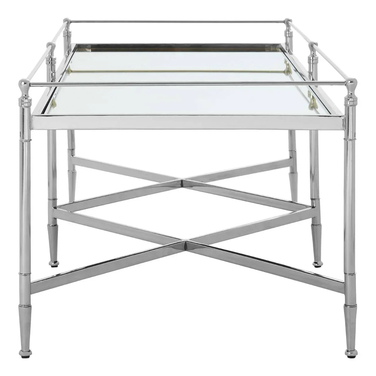 Chrome glass coffee table with cross frame and raised edges, front angle view
