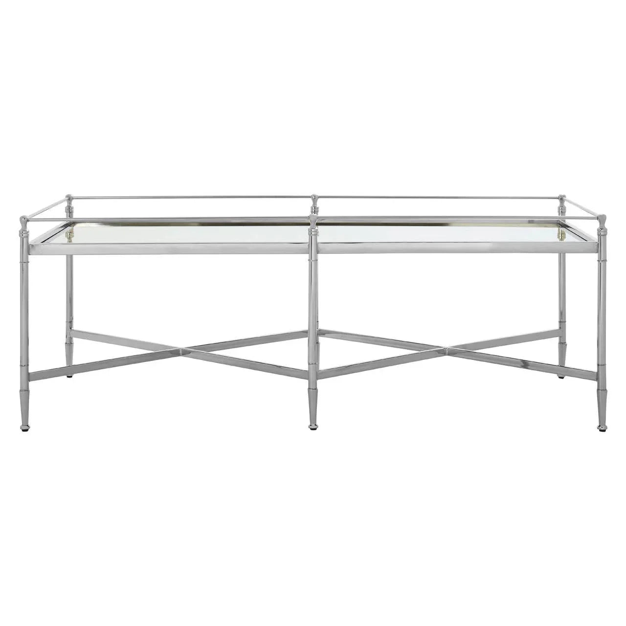 Rectangular glass coffee table with chrome metal frame and crossbar base