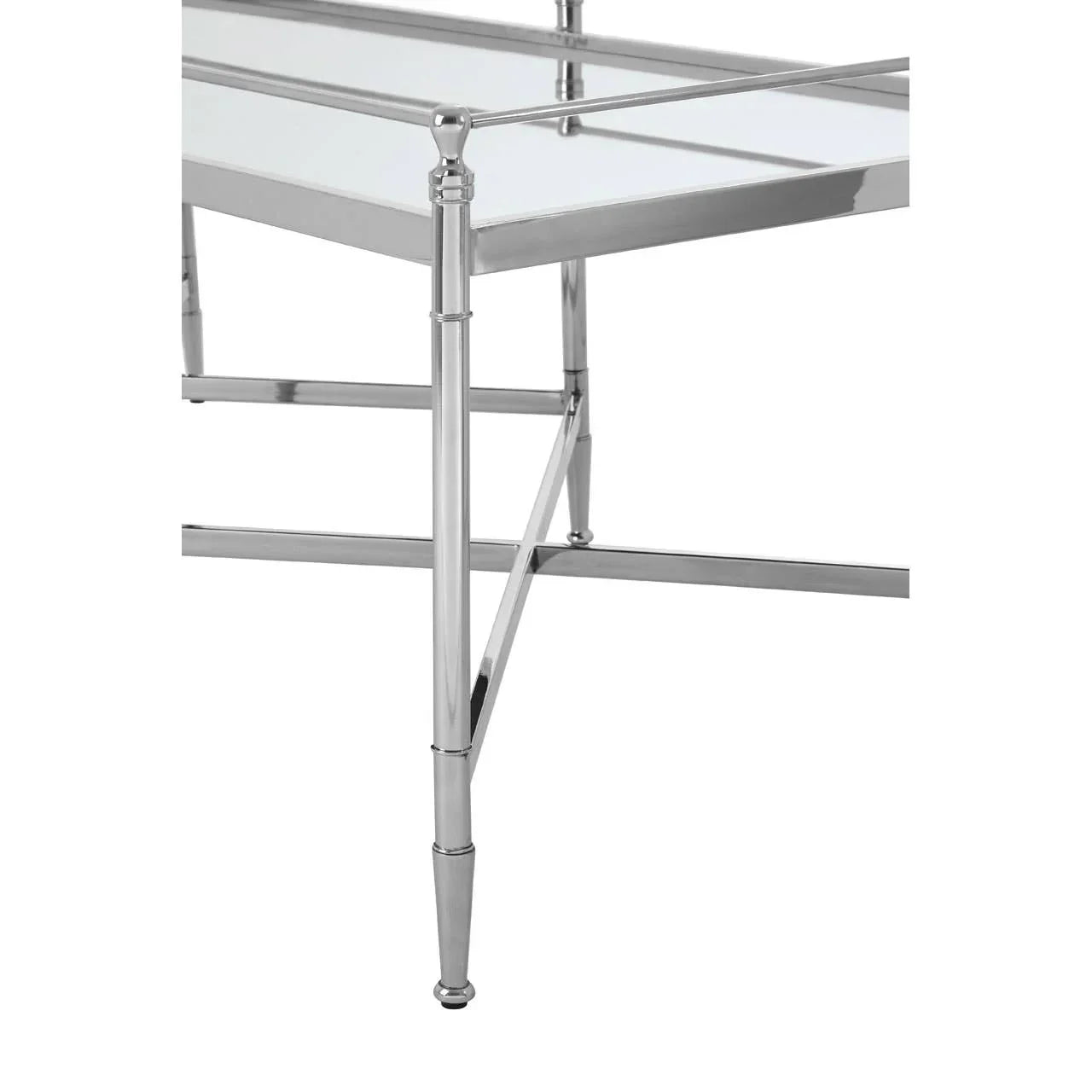 Closeup of modern glass coffee table with chrome metal frame and corner detail