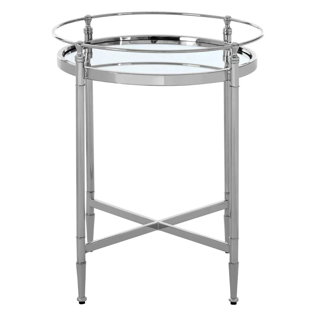 Round glass and chrome side table with raised edge and cross base