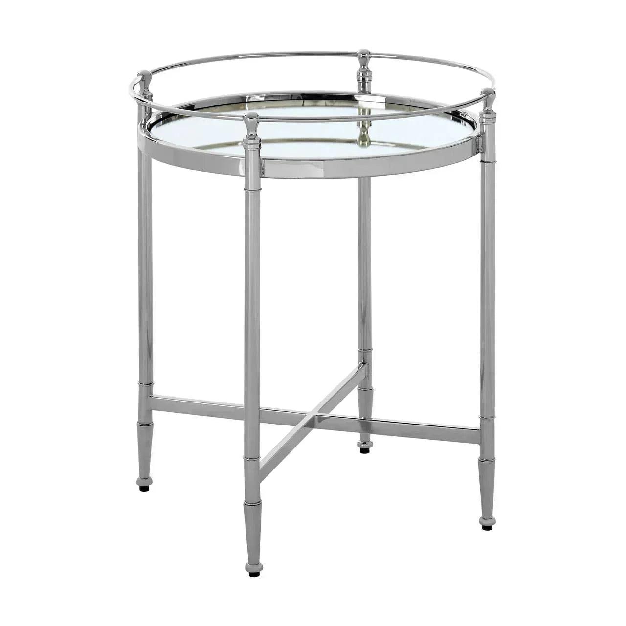 Round glass top side table with chrome metal frame and crossbar legs