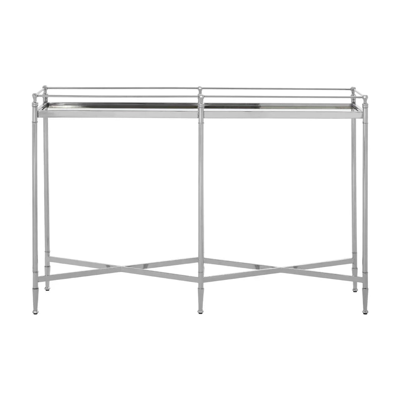 Stainless steel console table with glass top and cross-leg design