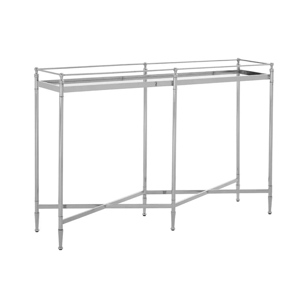 Chrome metal console table with slim legs and open frame design