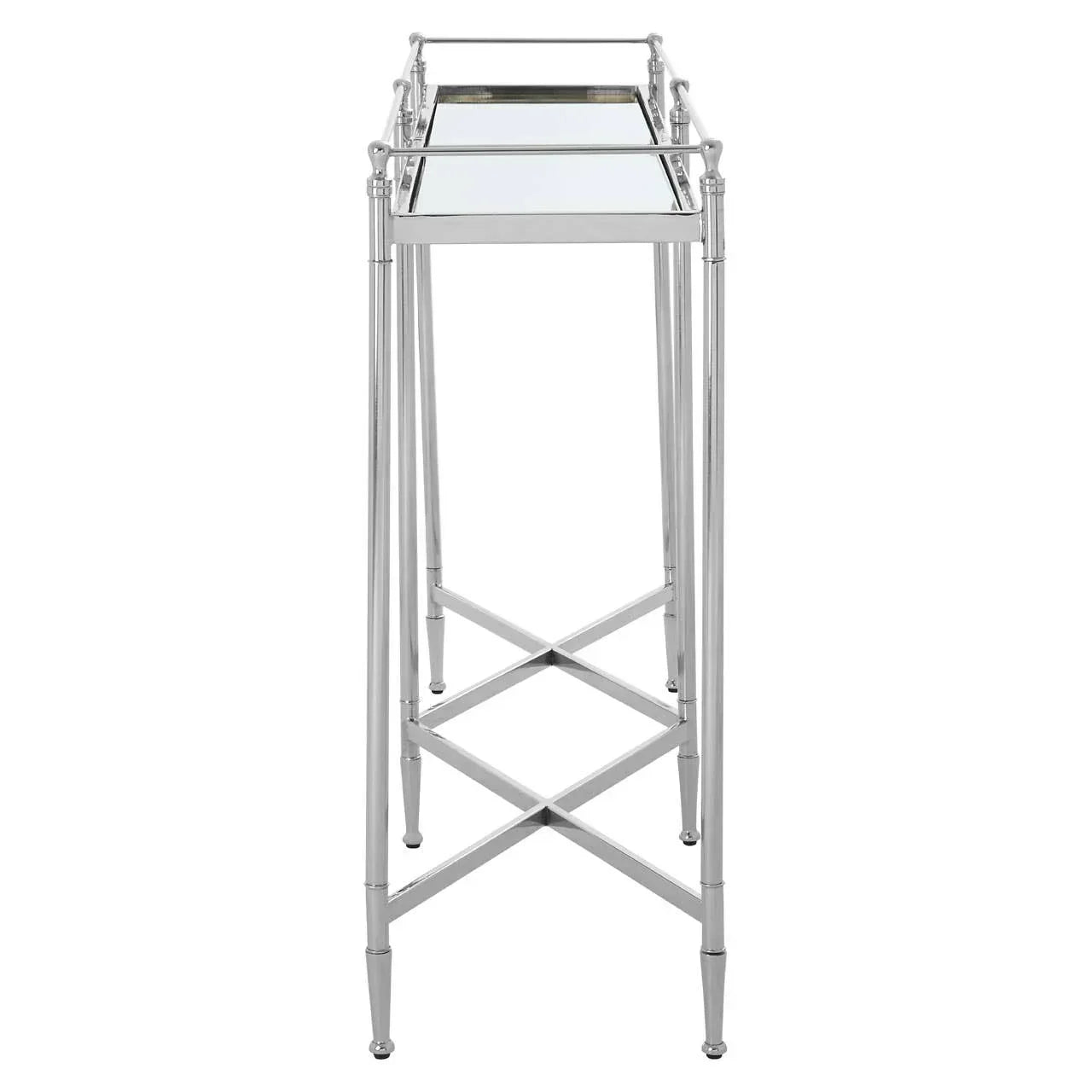 Chrome console table with mirrored glass top and cross base, viewed from the front
