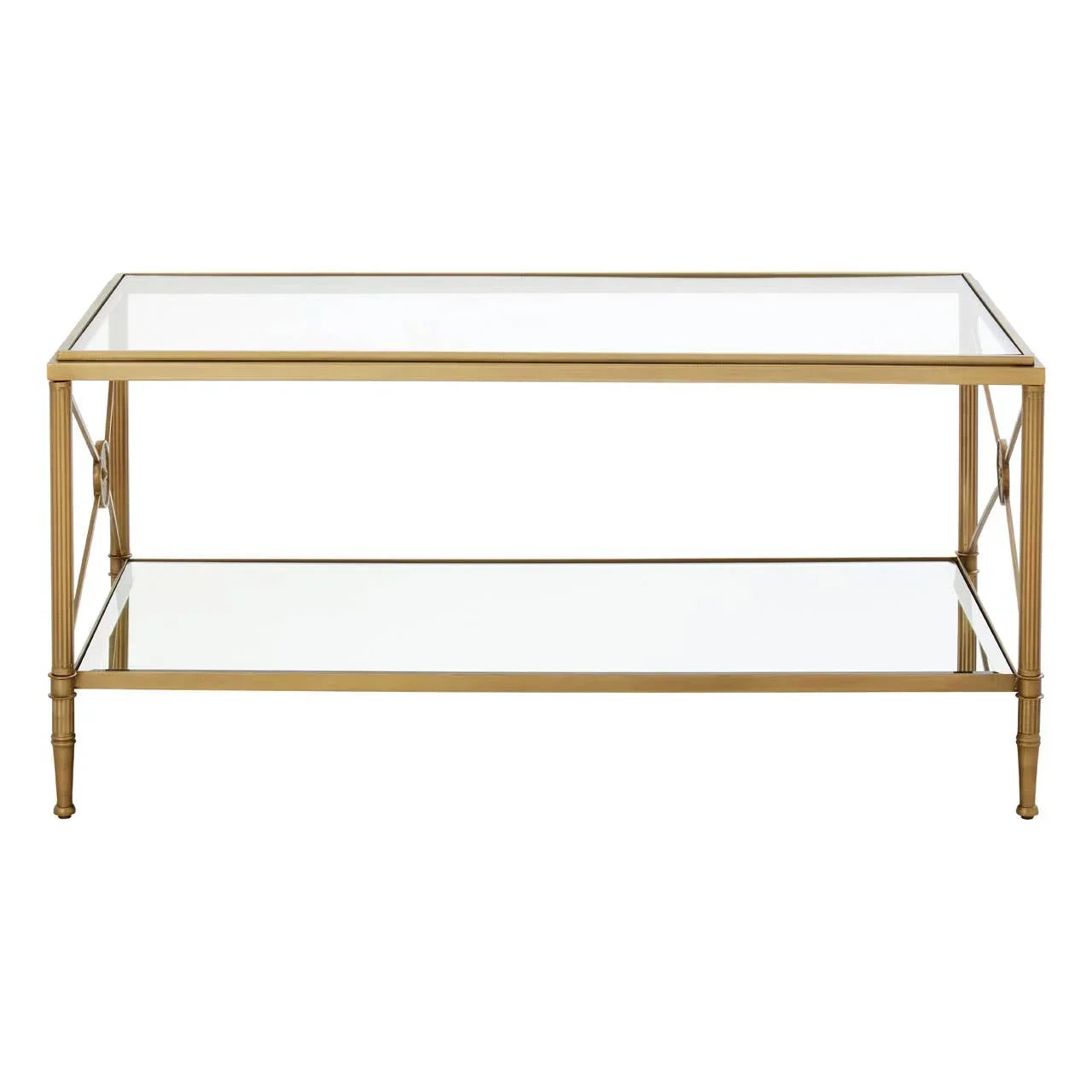 Rectangular glass coffee table with gold metal frame and lower glass shelf