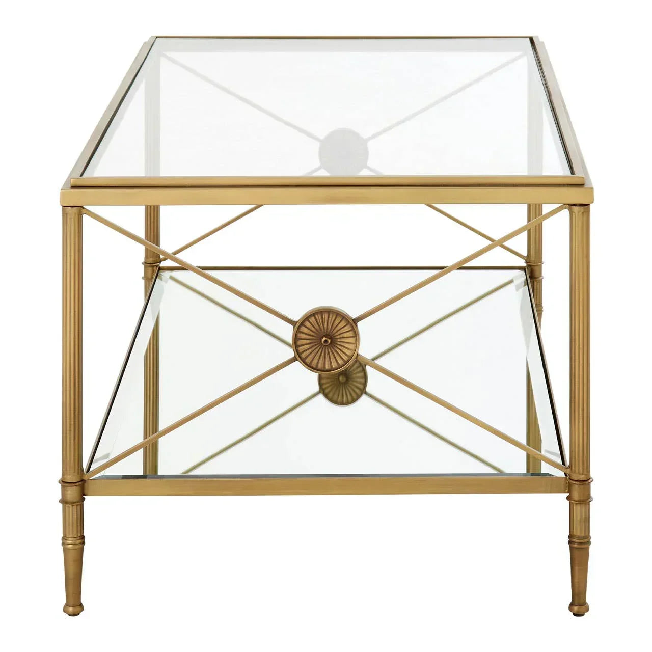 Glass side table with gold metal frame geometric pattern and mirrored bottom shelf front view