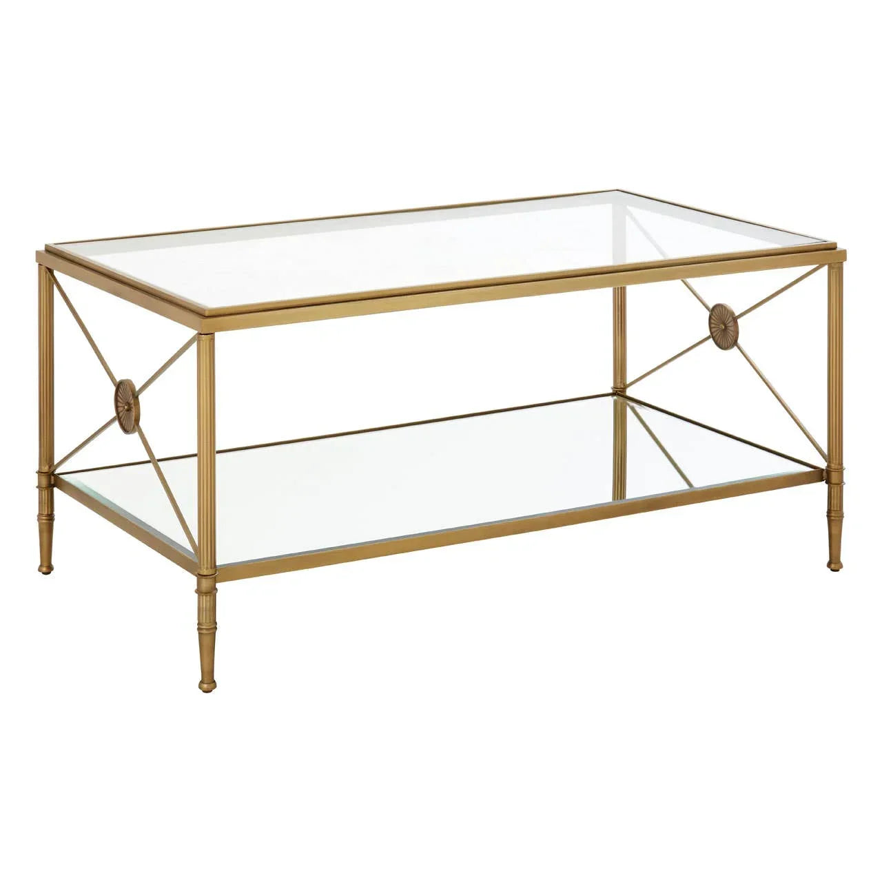 Glass coffee table with gold metal frame and lower shelf, side view