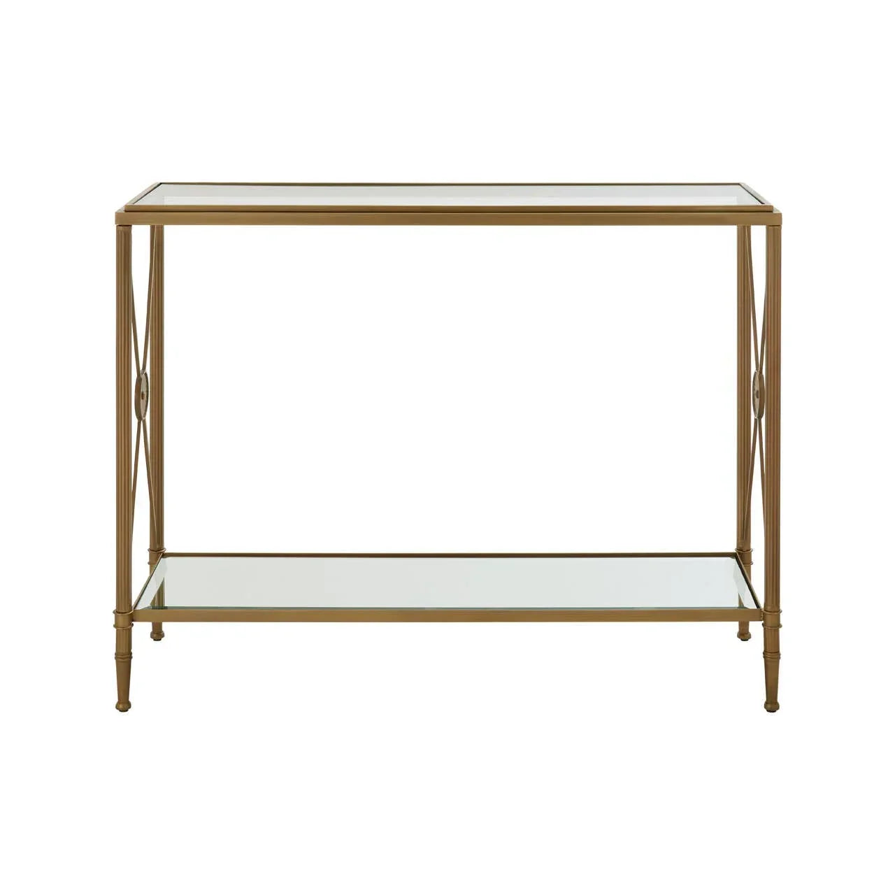 Gold metal console table with glass top and lower shelf, straight on white background