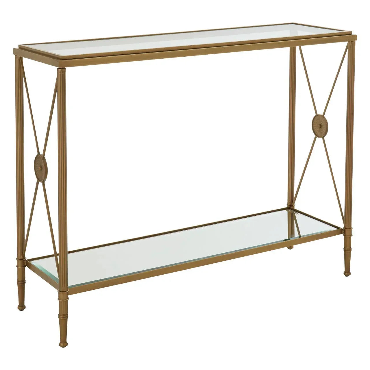 Gold metal console table with glass top and shelf, slender legs, and side cross accents