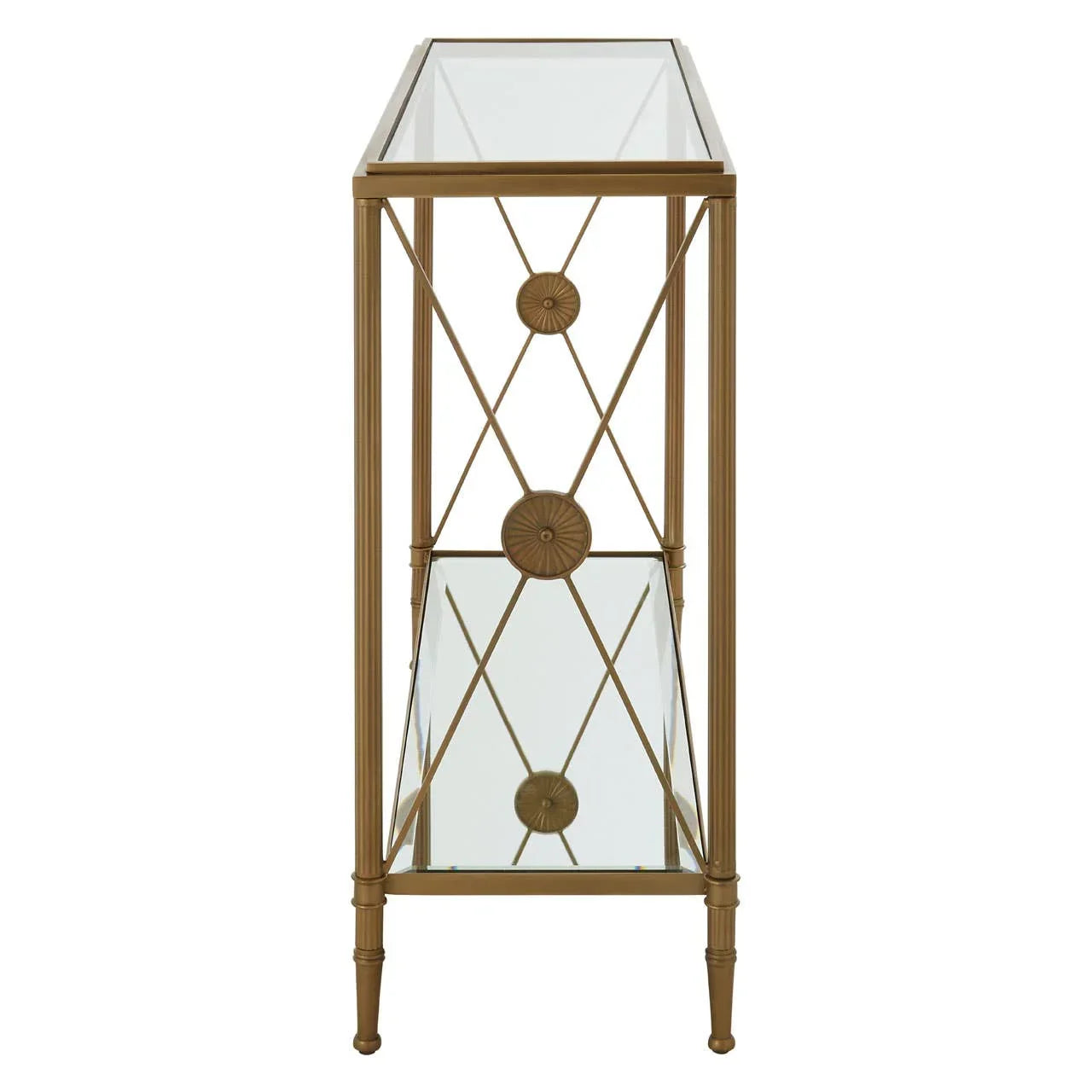 Gold metal and glass console table side view with geometric frame and decorative accents
