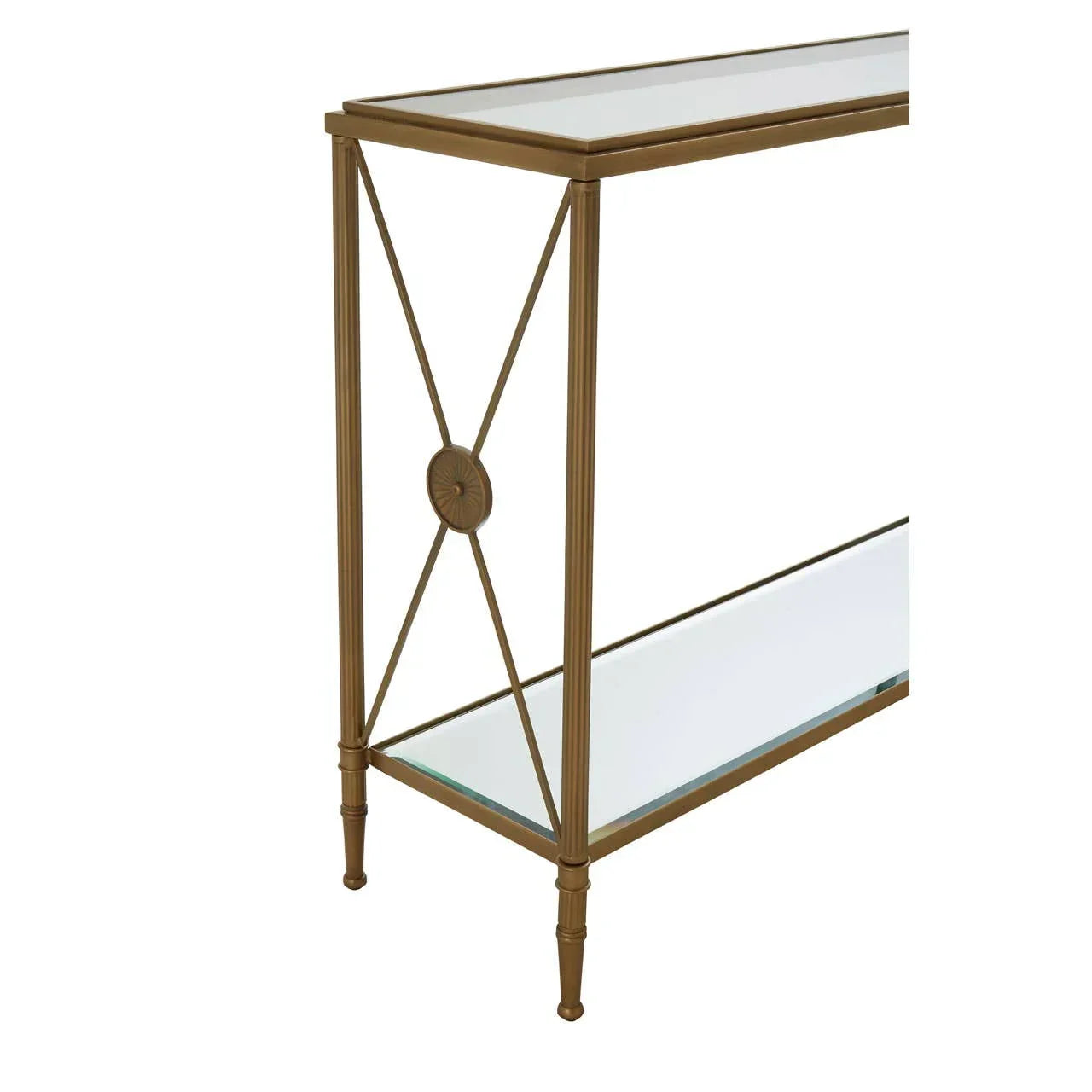 Gold metal console table with glass top and bottom shelf, decorative side detail