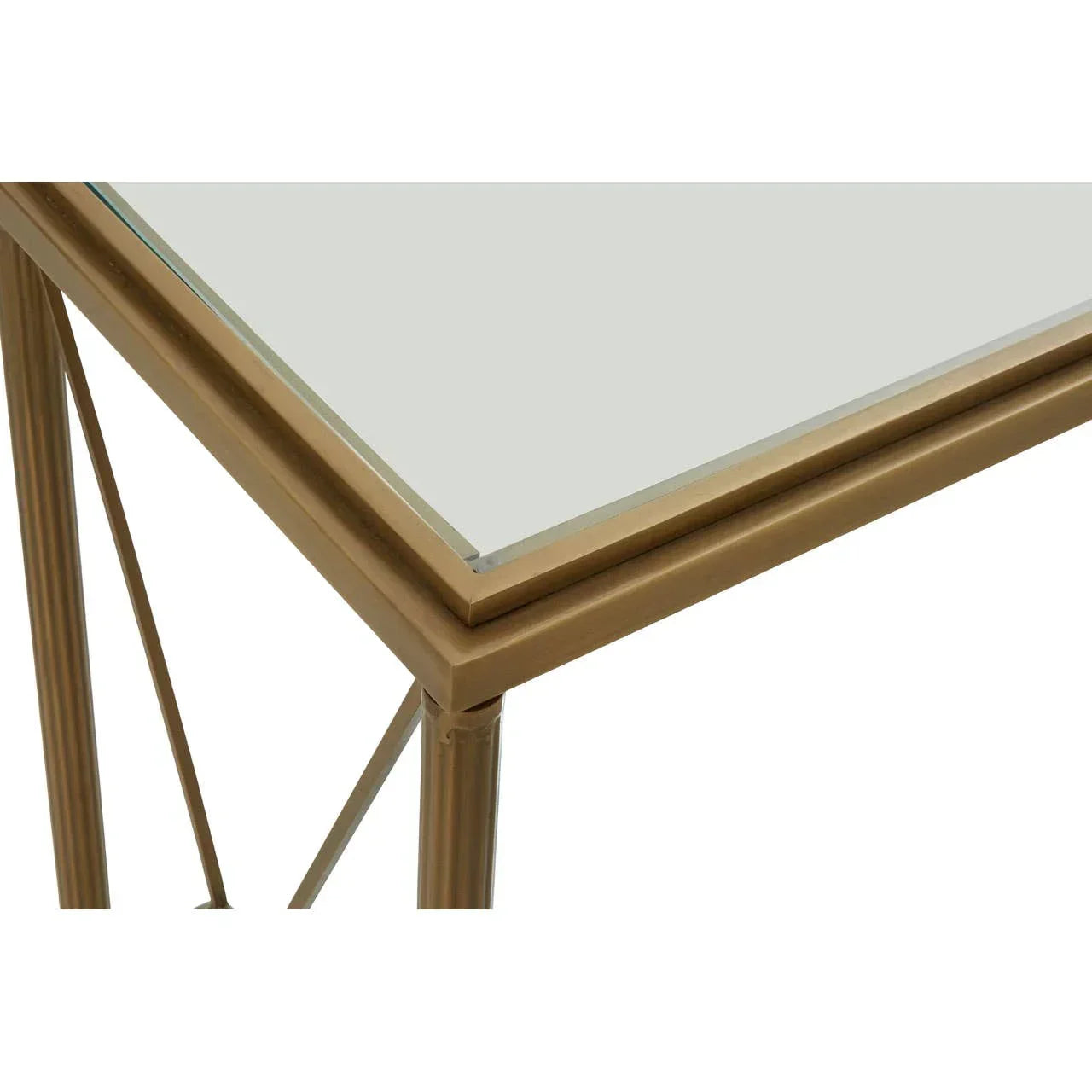 Glass top side table with gold metal frame corner detail