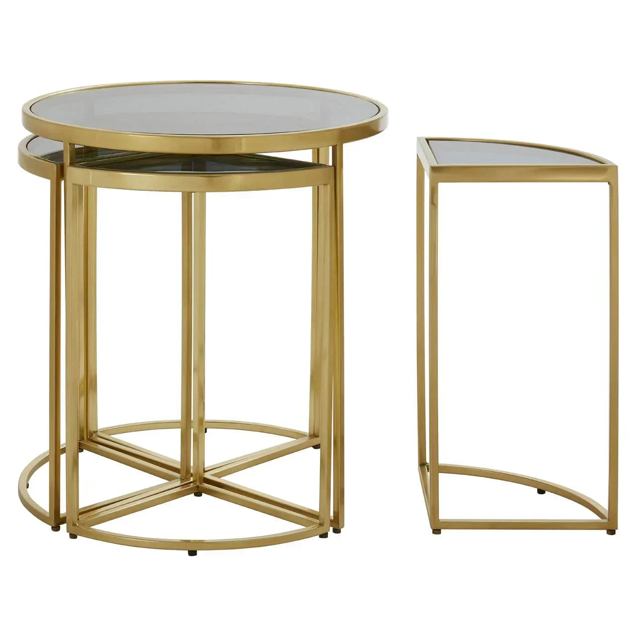 Gold metal nest of tables with glass tops, round and semi-circle design, modern living room furniture