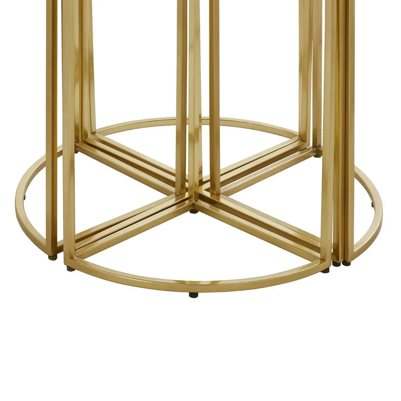 Gold metal table base with geometric frame design and circular support detail