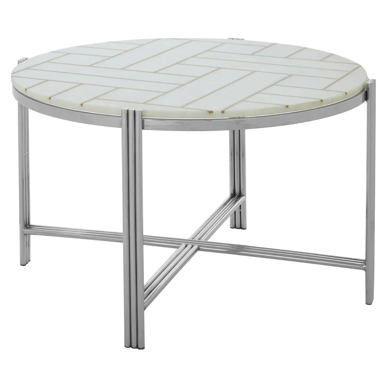 Round marble coffee table with herringbone pattern and chrome metal legs