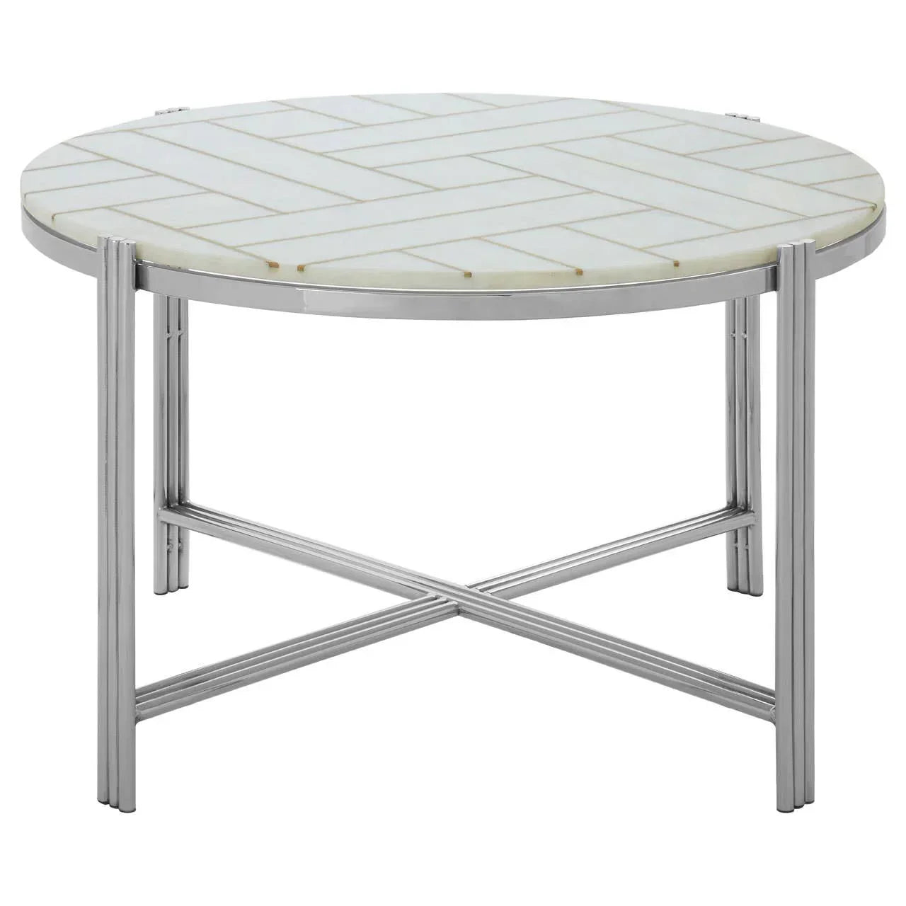 Round marble coffee table with chevron pattern and chrome crossed metal legs